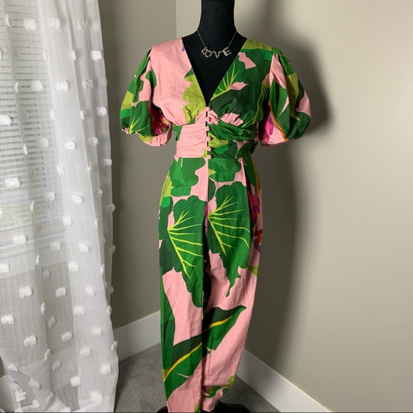 FARM Rio Pants - Farm Rio Tropicalistic pink and green open back linen blend jumpsuit size medium
